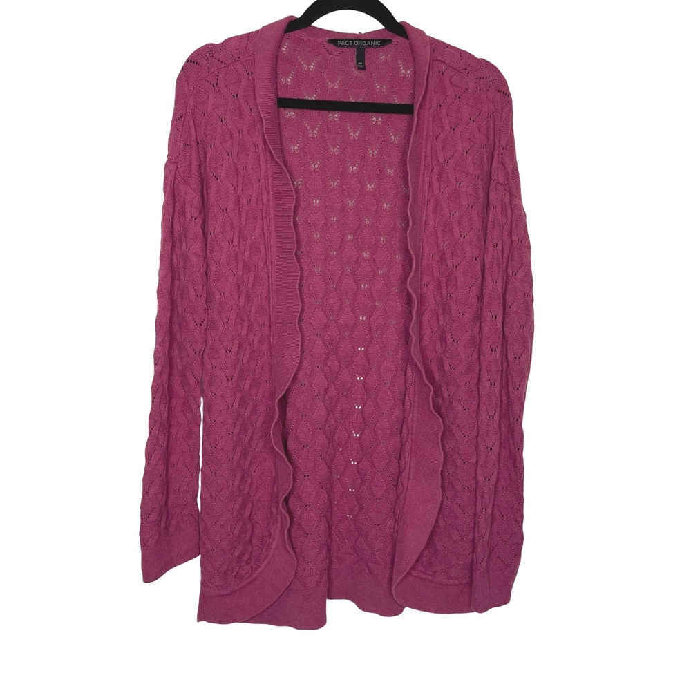 Pact Organic Cardigan Women Medium Pink Pointelle Knit Open Front Cotton Sweater